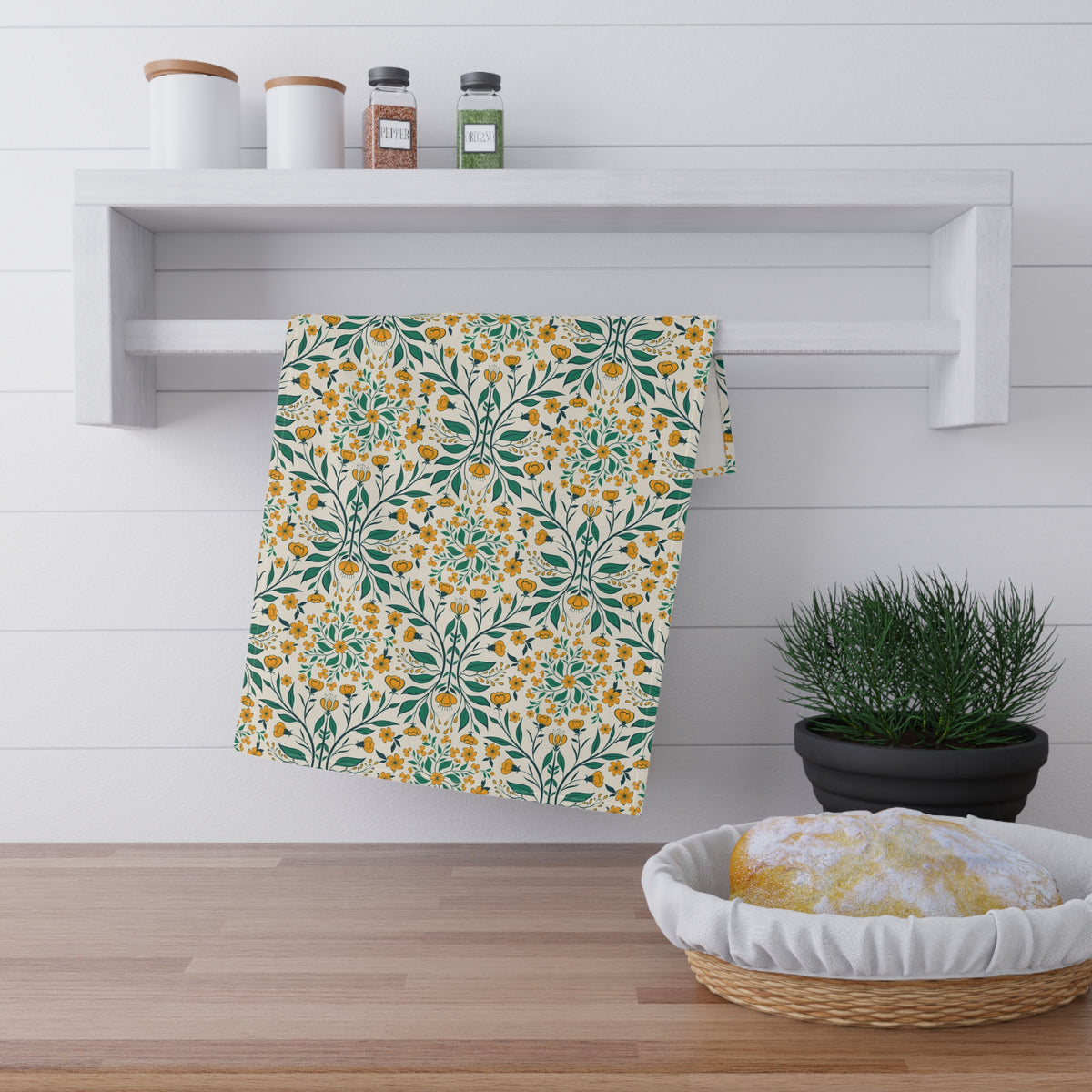 Elegant Art Nouveau Tea Towel - Yellow Floral Vine Kitchen Towel