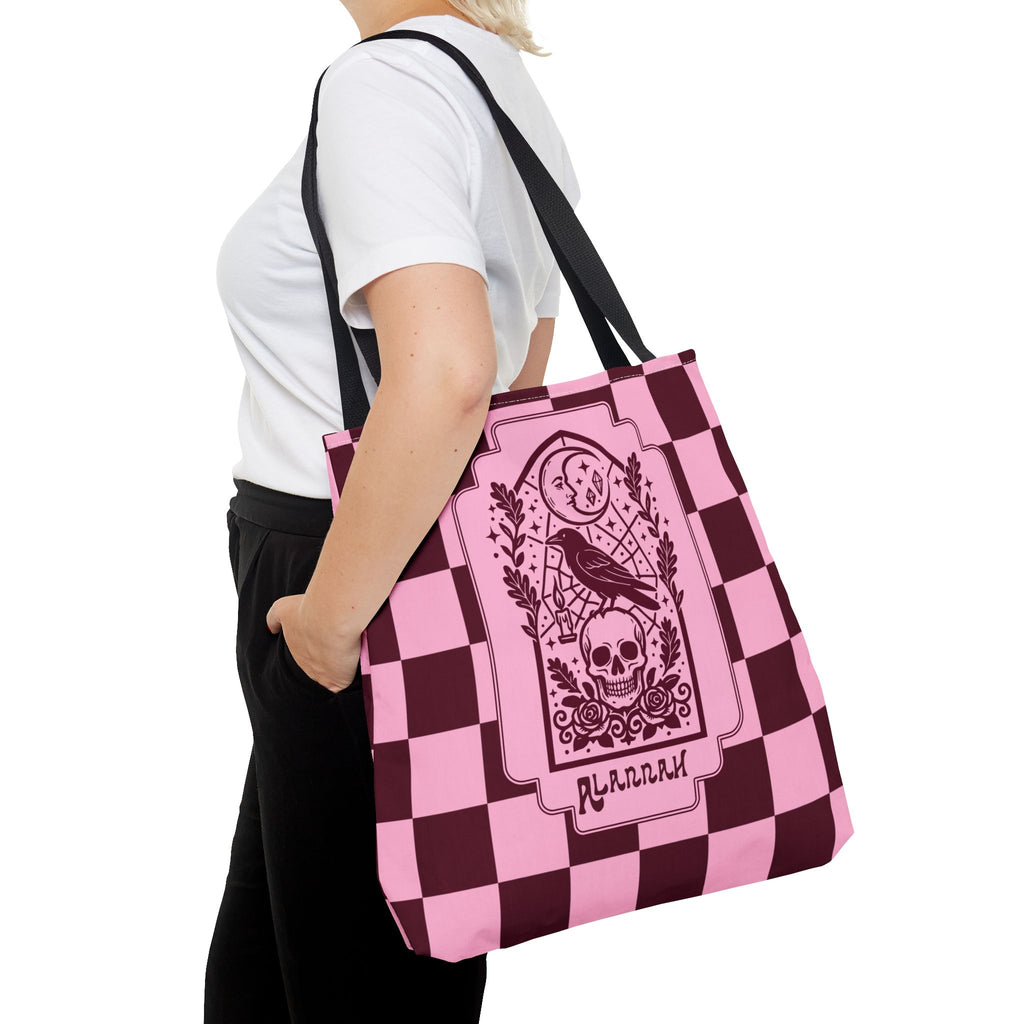 Gothic Raven and Skull Checkerboard Tote Bag - Personalizable Pink Retro Goth Carryall