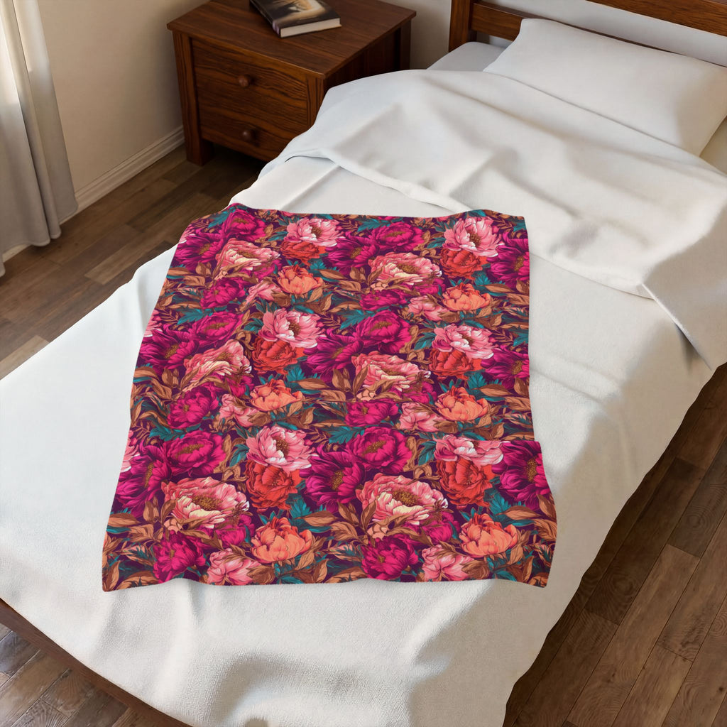Vivid Magenta Peony Maximalist Velveteen Floral Plush Blanket