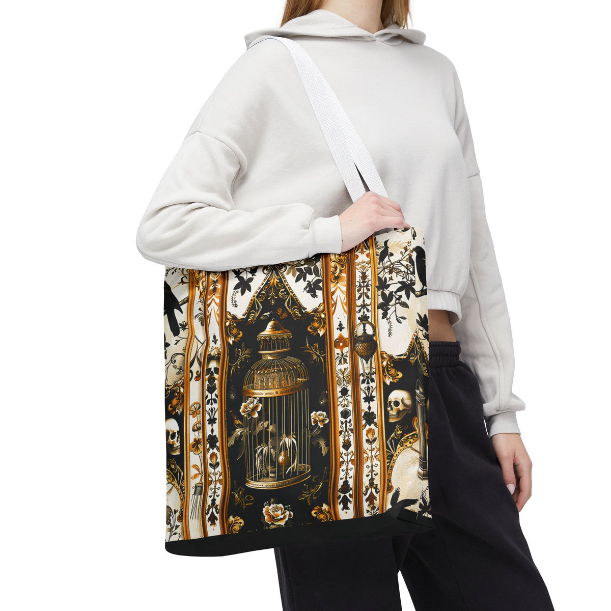 Vintage Gothic Birdcage Tote Bag - Victorian Skull and Floral Pattern Carryall
