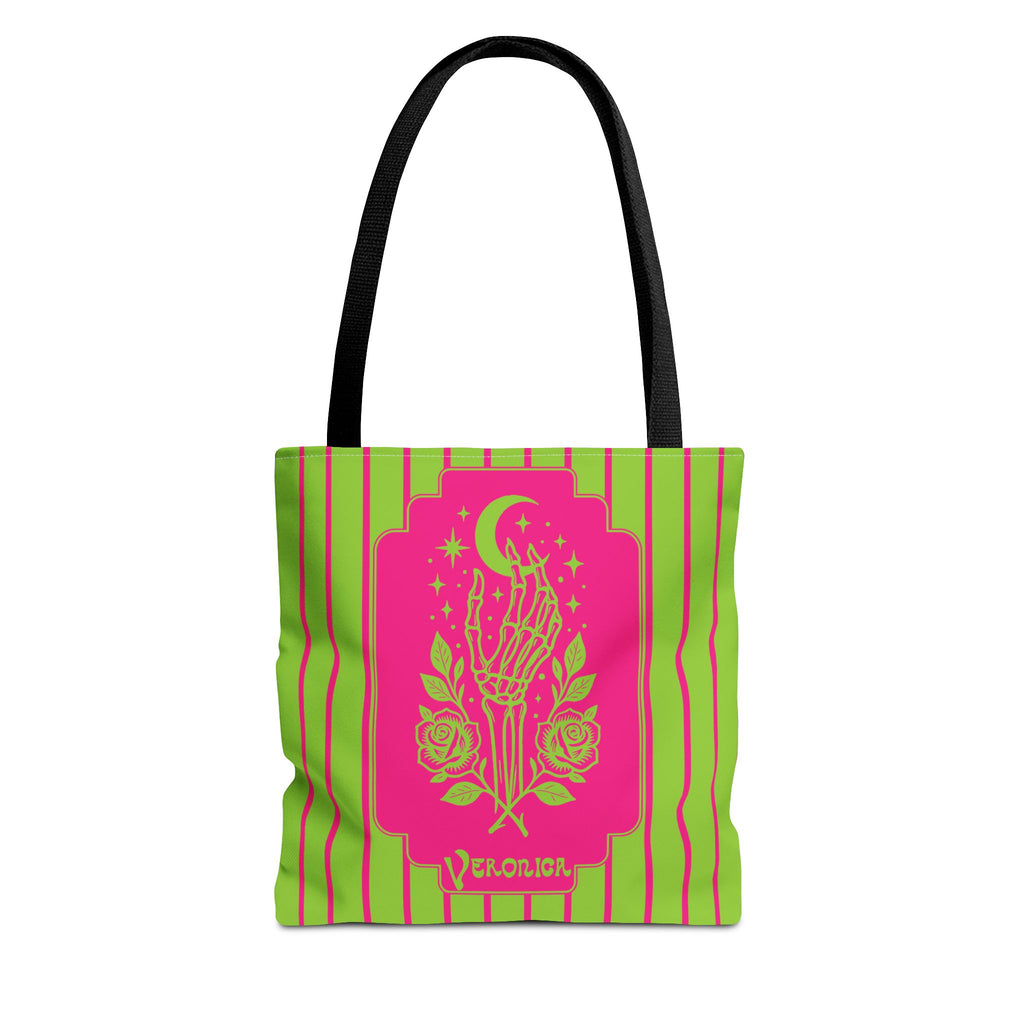 Mystic Skeletal Hand Tote Bag -Personalizable Retro Gothic Neon Moon and Roses Carryall