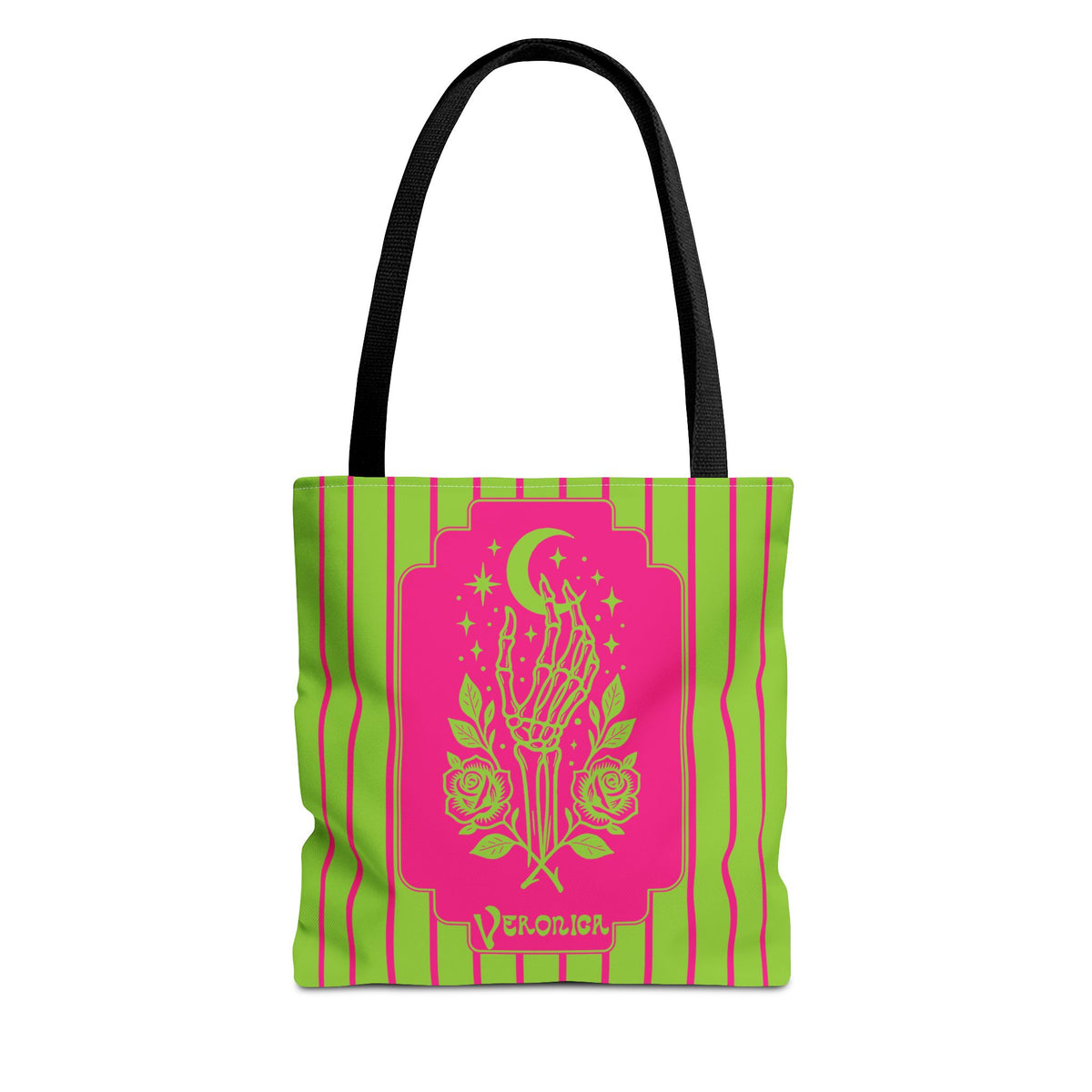 Mystic Skeletal Hand Tote Bag -Personalizable Retro Gothic Neon Moon and Roses Carryall