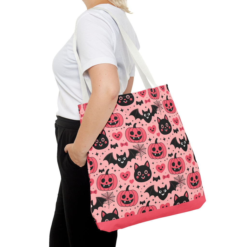 Cute Halloween Trick or Treat Tote Bag  - Pink Pumpkins, Black Cats and Bats Candy Carryall
