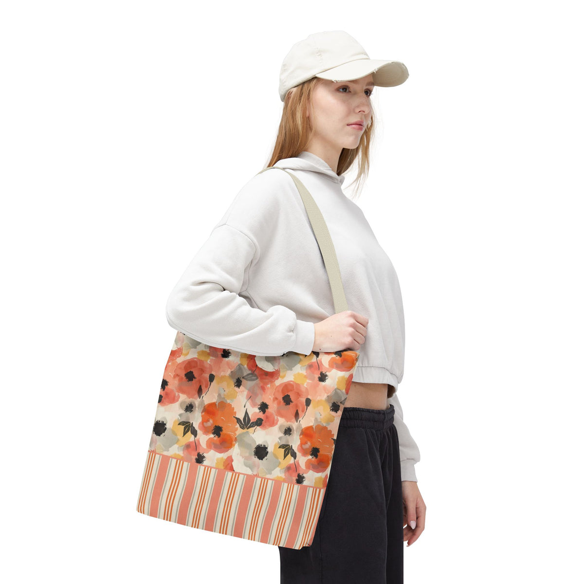 Floral Watercolor Stripe Tote Bag – Peach Blossom Beach and Market Bag