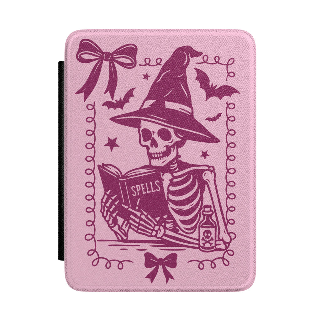 Pink Reading Witch Skeleton Kindle Case - Cute and Spooky Cover for Gothic Book Lovers