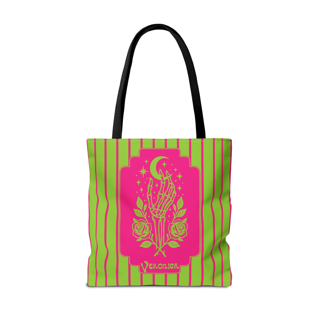 Mystic Skeletal Hand Tote Bag -Personalizable Retro Gothic Neon Moon and Roses Carryall