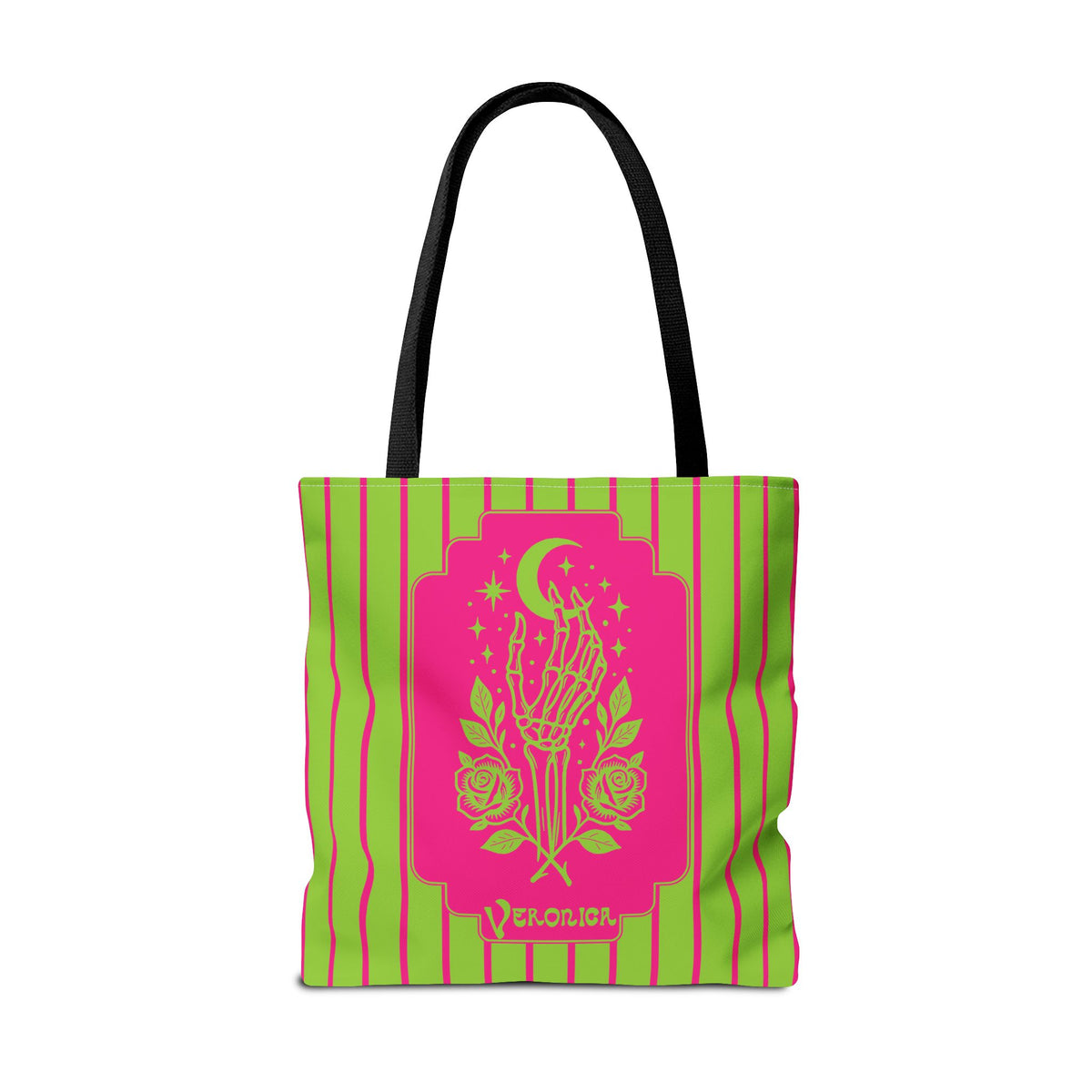 Mystic Skeletal Hand Tote Bag -Personalizable Retro Gothic Neon Moon and Roses Carryall