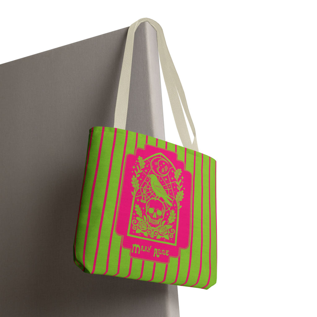 Neon Gothic Raven and Skull Tote Bag - Personalizable Pink and Green Retro Goth Carryall