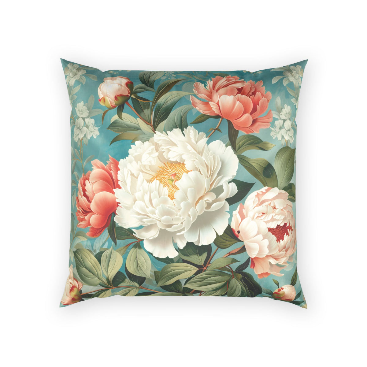 Floral Velvet Throw Pillow - Pink and Cream Peonies on Blue Vintage Decorative Pillow