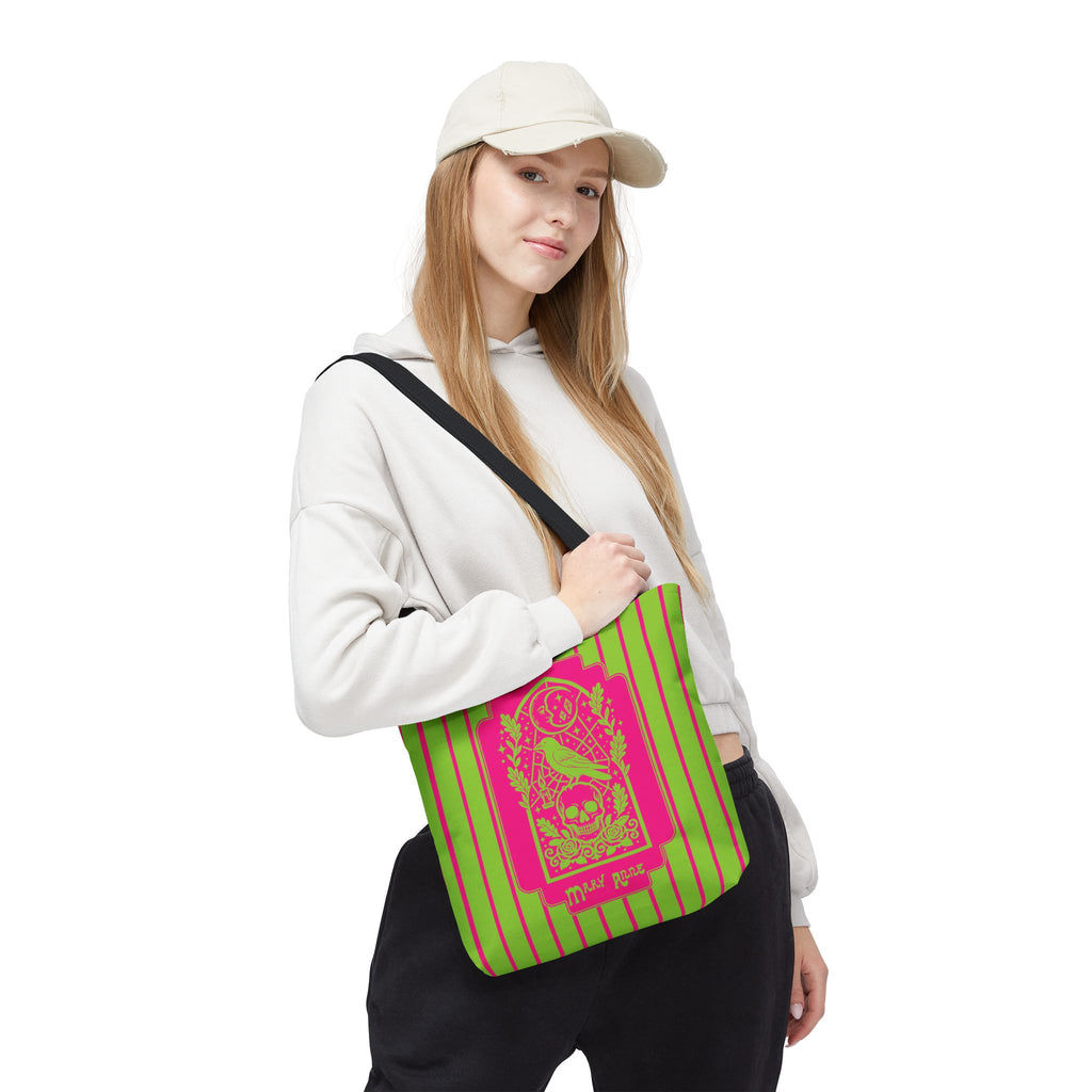 Neon Gothic Raven and Skull Tote Bag - Personalizable Pink and Green Retro Goth Carryall