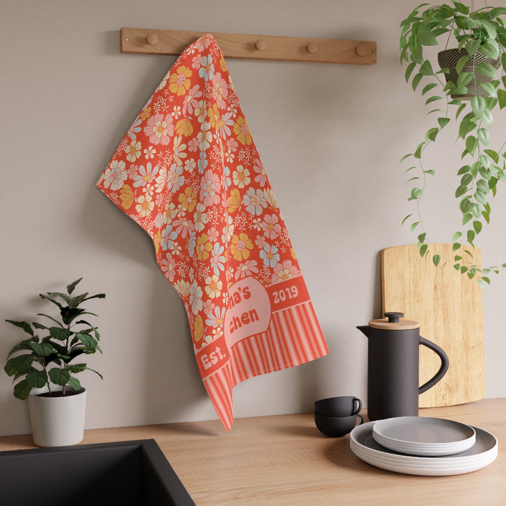 Personalizable Retro Kitchen Towel  - Orange and Pink Floral Stripe