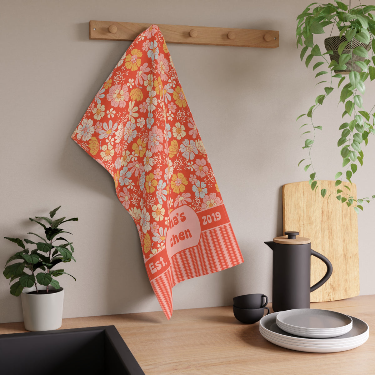 Personalizable Retro Kitchen Towel  - Orange and Pink Floral Stripe