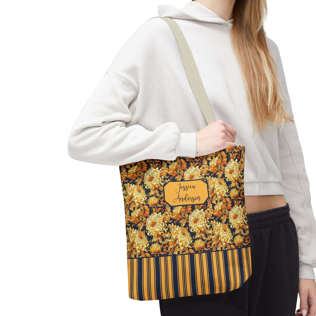 Personalizable Floral Harvest Tote Bag — Vintage Chrysanthemum Striped Tote