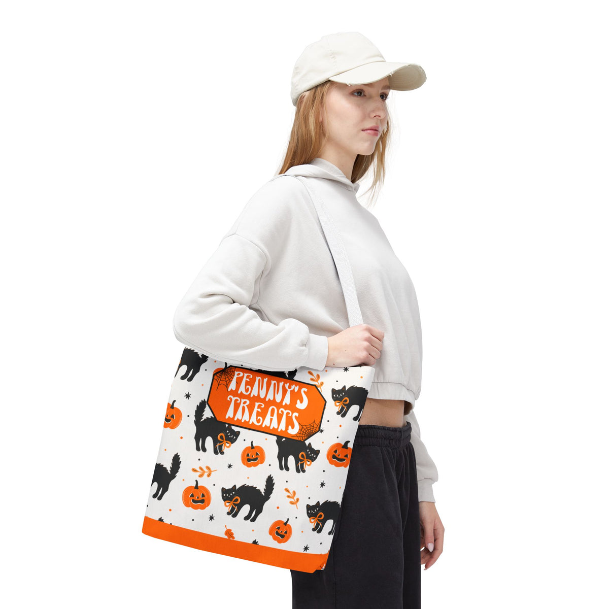 Cute Black Cats and Pumpkins Carryall -Personalized Halloween Trick or Treat Tote Bag