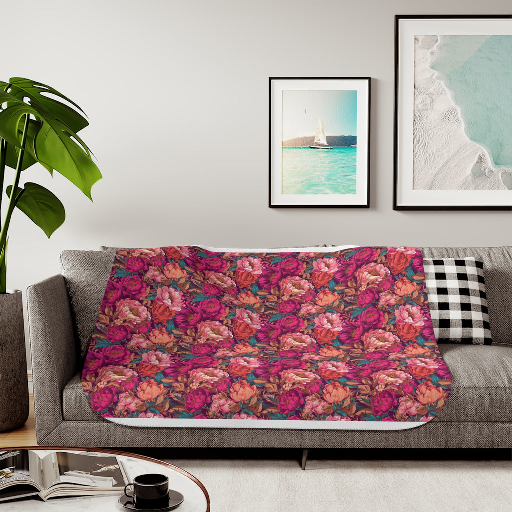 Vivid Magenta Peony Maximalist Sherpa Throw Blanket