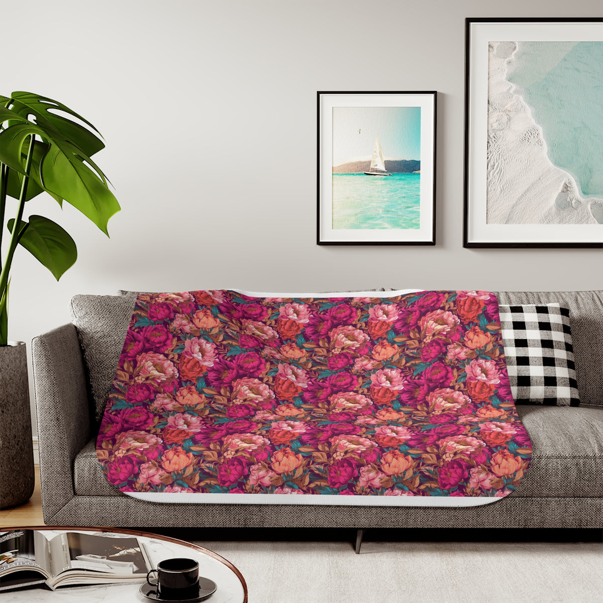 Vivid Magenta Peony Maximalist Sherpa Throw Blanket