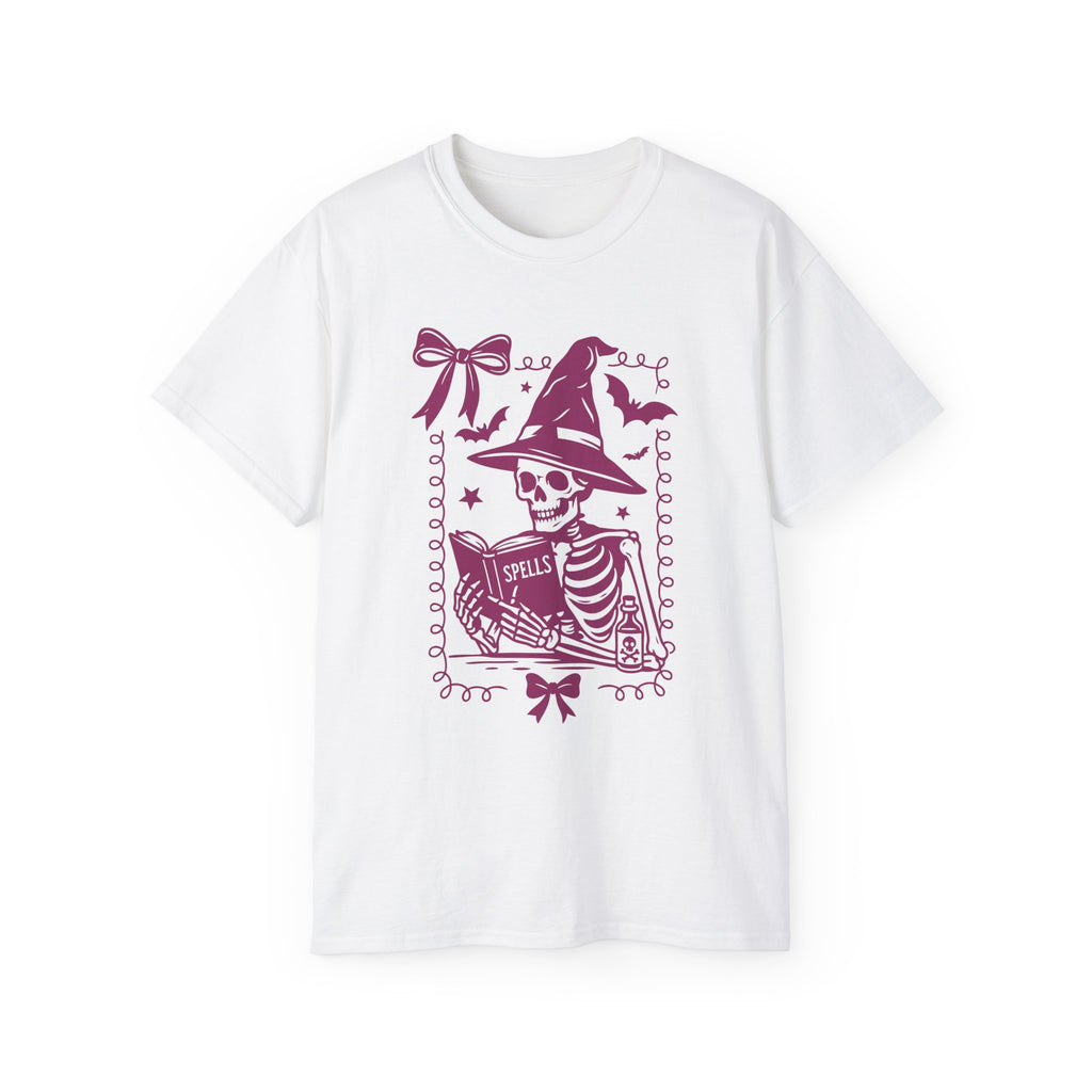 Pink Reading Witch Skeleton Tee — Cute Halloween Aesthetic Graphic T-Shirt