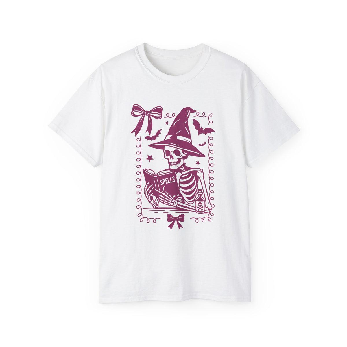 Pink Reading Witch Skeleton Tee — Cute Halloween Aesthetic Graphic T-Shirt