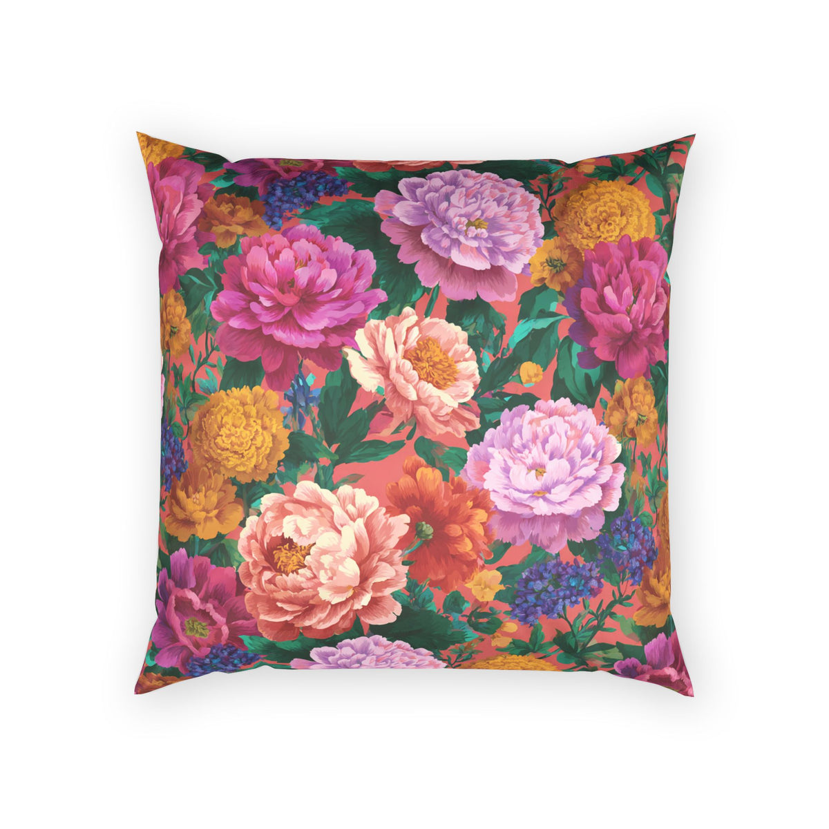 Floral Velvet Pillow - Vibrant Peony Garden Throw Pillow