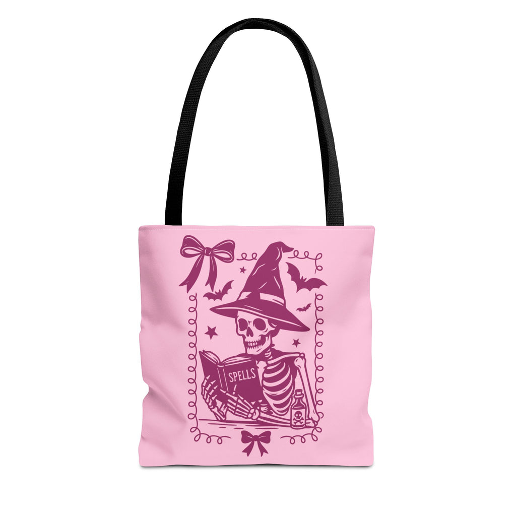 Pink Reading Witch Skeleton Tote Bag — Cute Coquette Frame Halloween Tote