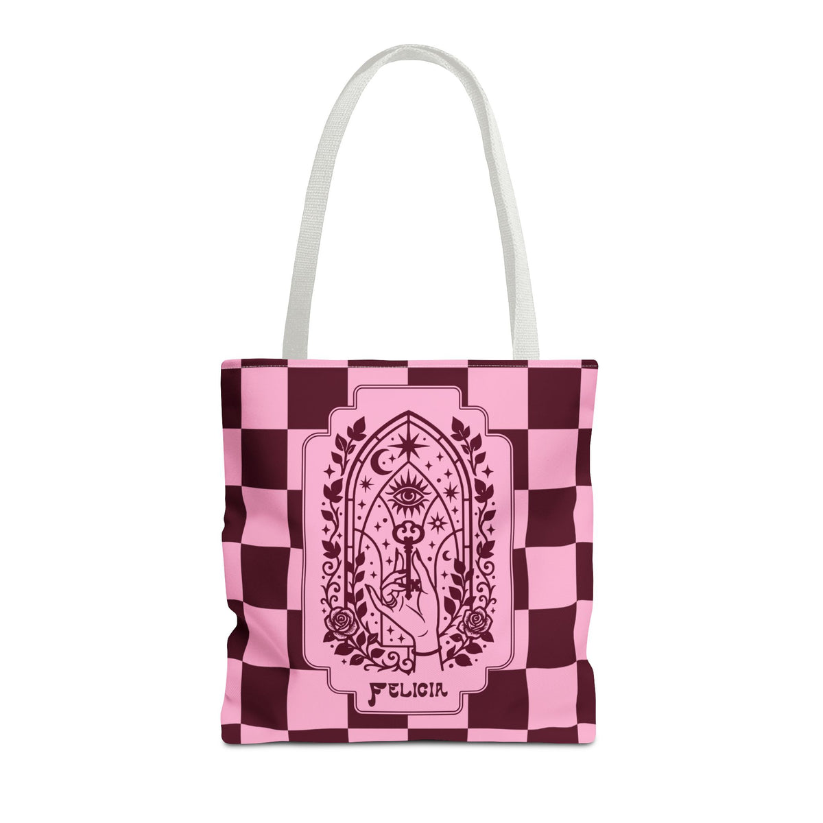 Personalizable Mystic Hand with Key Checkerboard Tote Bag – Pink and Burgundy Retro Goth Carryall