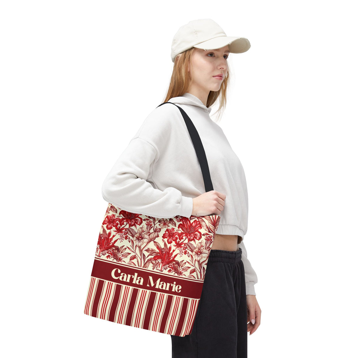 Personalizable Red Lily Tote Bag – Vintage Botanical Floral Striped Carryall
