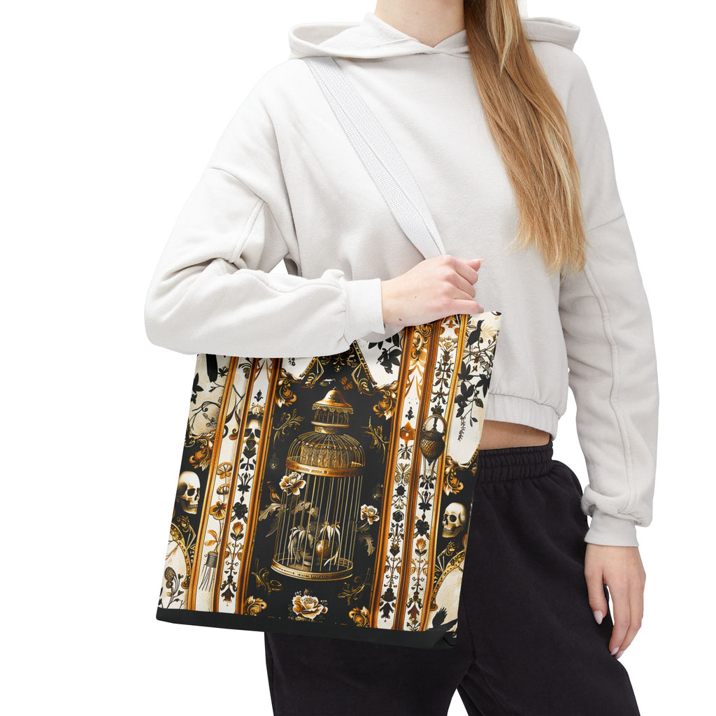 Vintage Gothic Birdcage Tote Bag - Victorian Skull and Floral Pattern Carryall