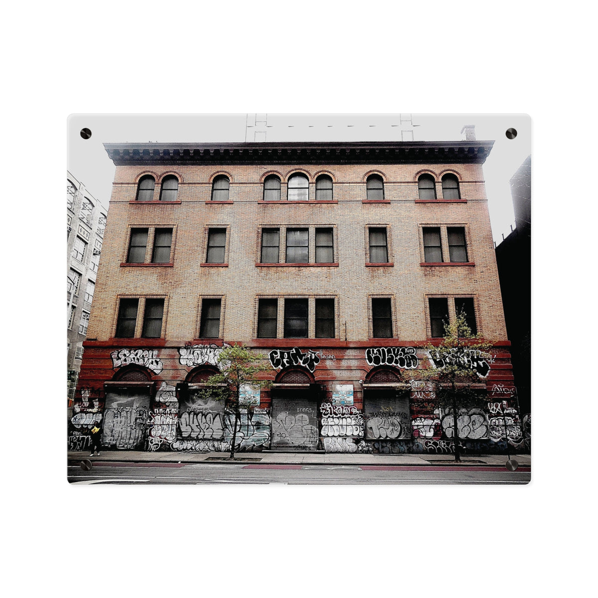 Urban Graffiti Photo Wall Art- Street Level Tagged Building  Acrylic Wall Art Panel