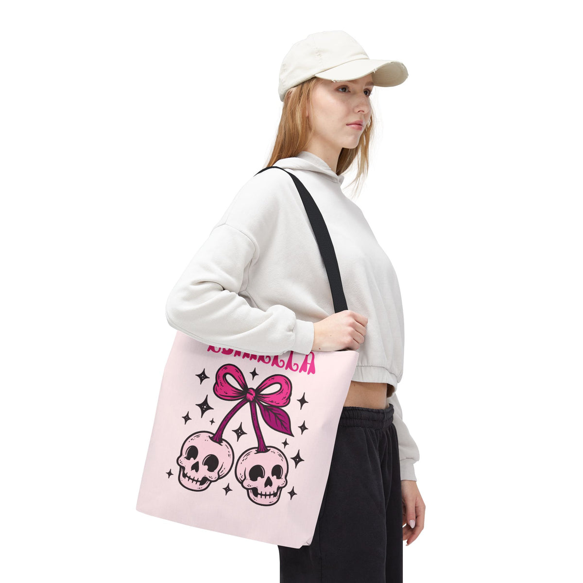Personalized 'Creepy and Adorable' Pink Skull Cherries Tote Bag - Custom Trick-or-Treat Keepsake