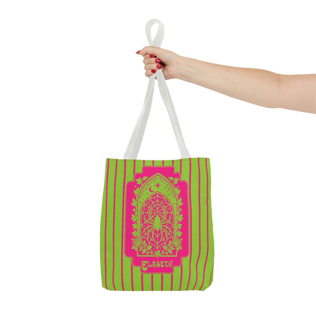 Personalized Green and Pink Retro Goth Tote with Mystic Spider Stained Glass Design