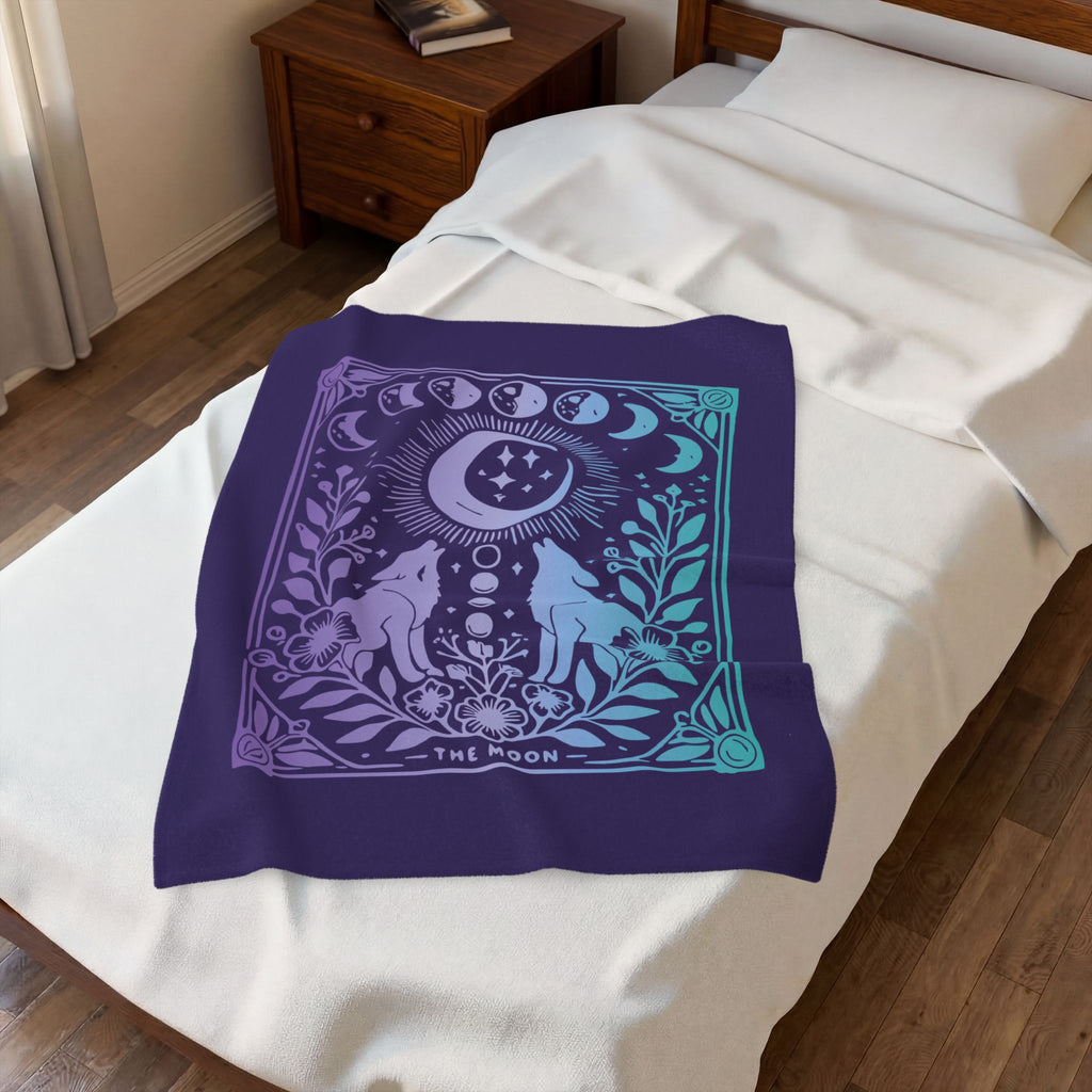 Celestial Moon Phases Blanket - Mystical Wolf and Moonlight Tarot Velveteen Plush Throw