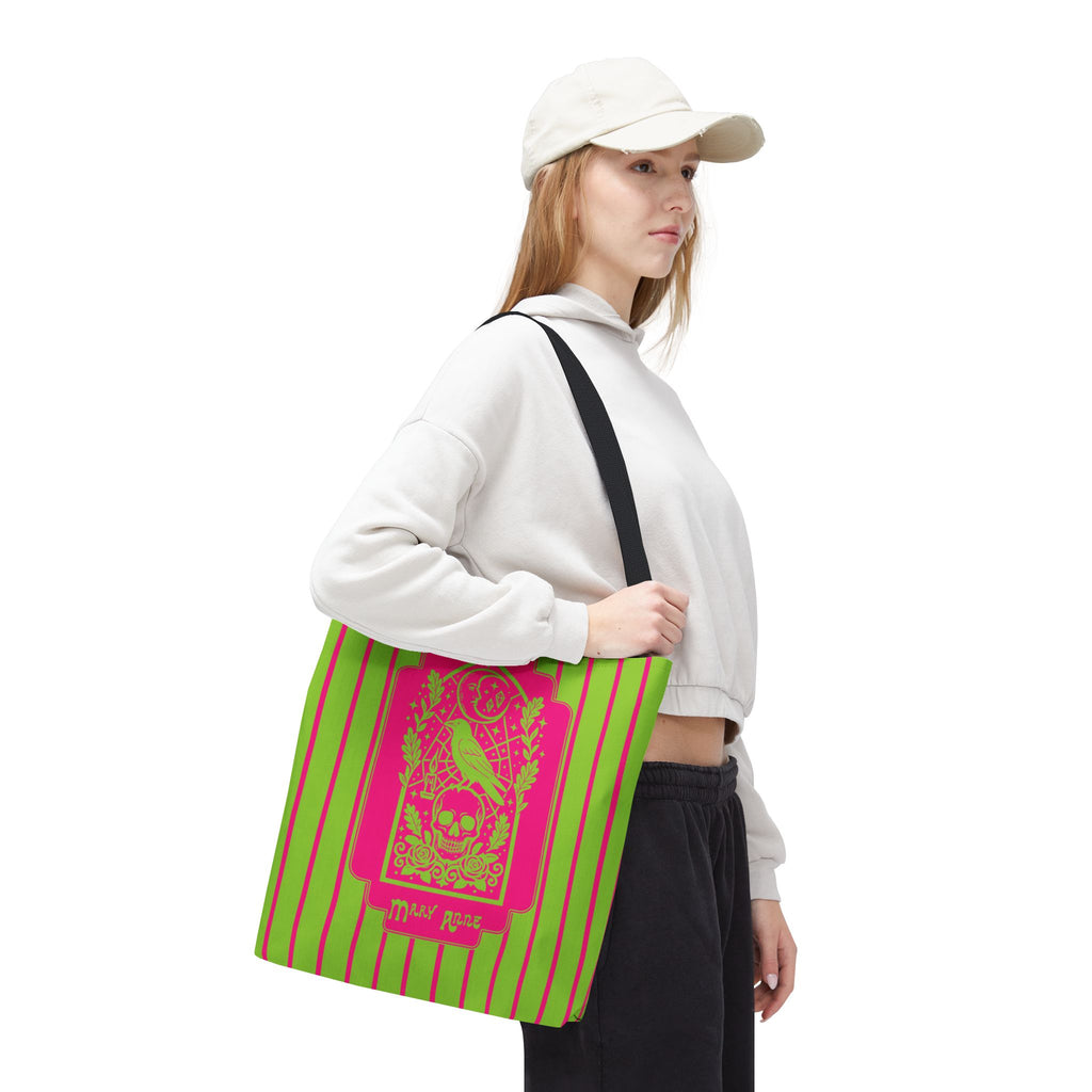 Neon Gothic Raven and Skull Tote Bag - Personalizable Pink and Green Retro Goth Carryall
