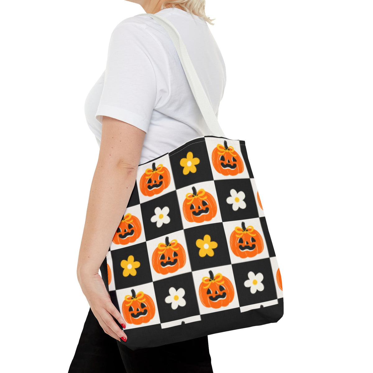 Coquette Pumpkin and Daisy Checkerboard Tote Bag - Cute Jack O Lantern Carryall