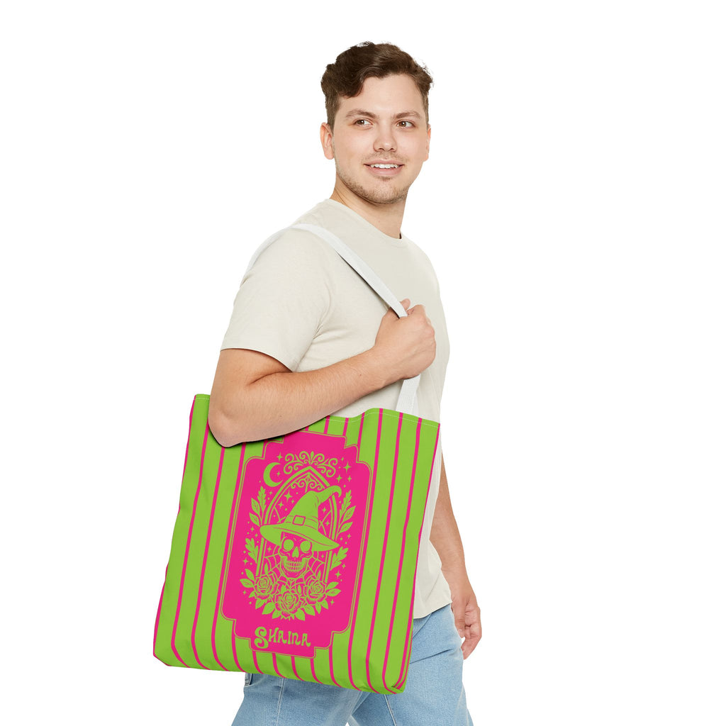 Retro Goth Skull Witch Tote Bag — Neon Pink and Lime Striped Tote