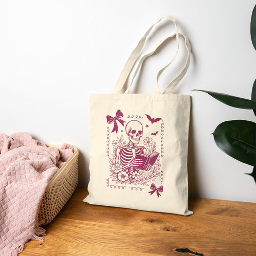 Coquette Framed Skeleton Reading Tote Bag — Vintage Gothic Skull Book Lover Canvas Tote