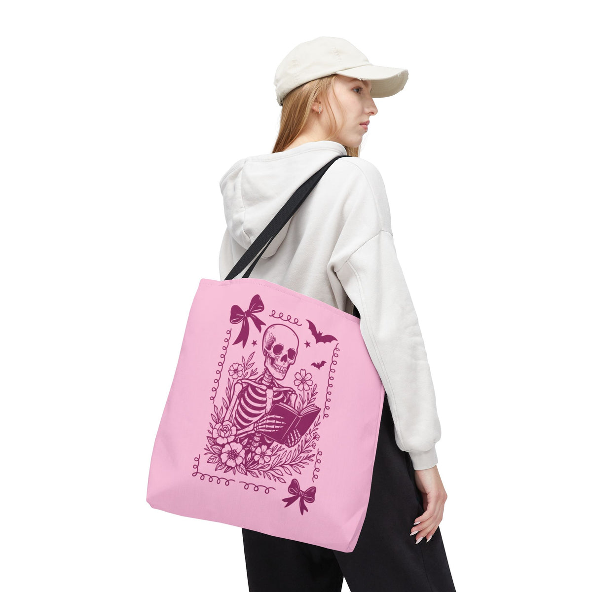 Floral Pink Reading Skeleton Tote Bag  - Cute Gothic Booklover Tote