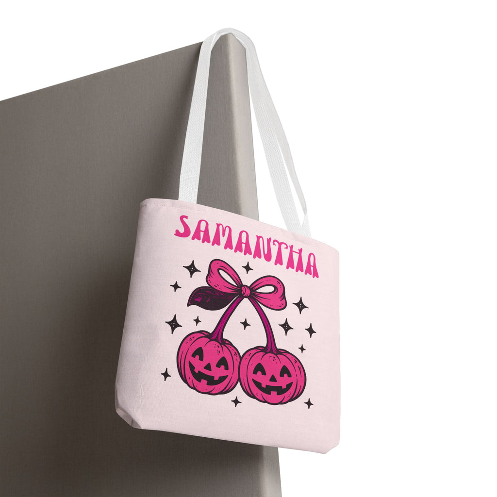 Personalized Halloween Tote - Pink Pumpkin Cherries "So Cute It's Spooky" Trick or Treat Bag