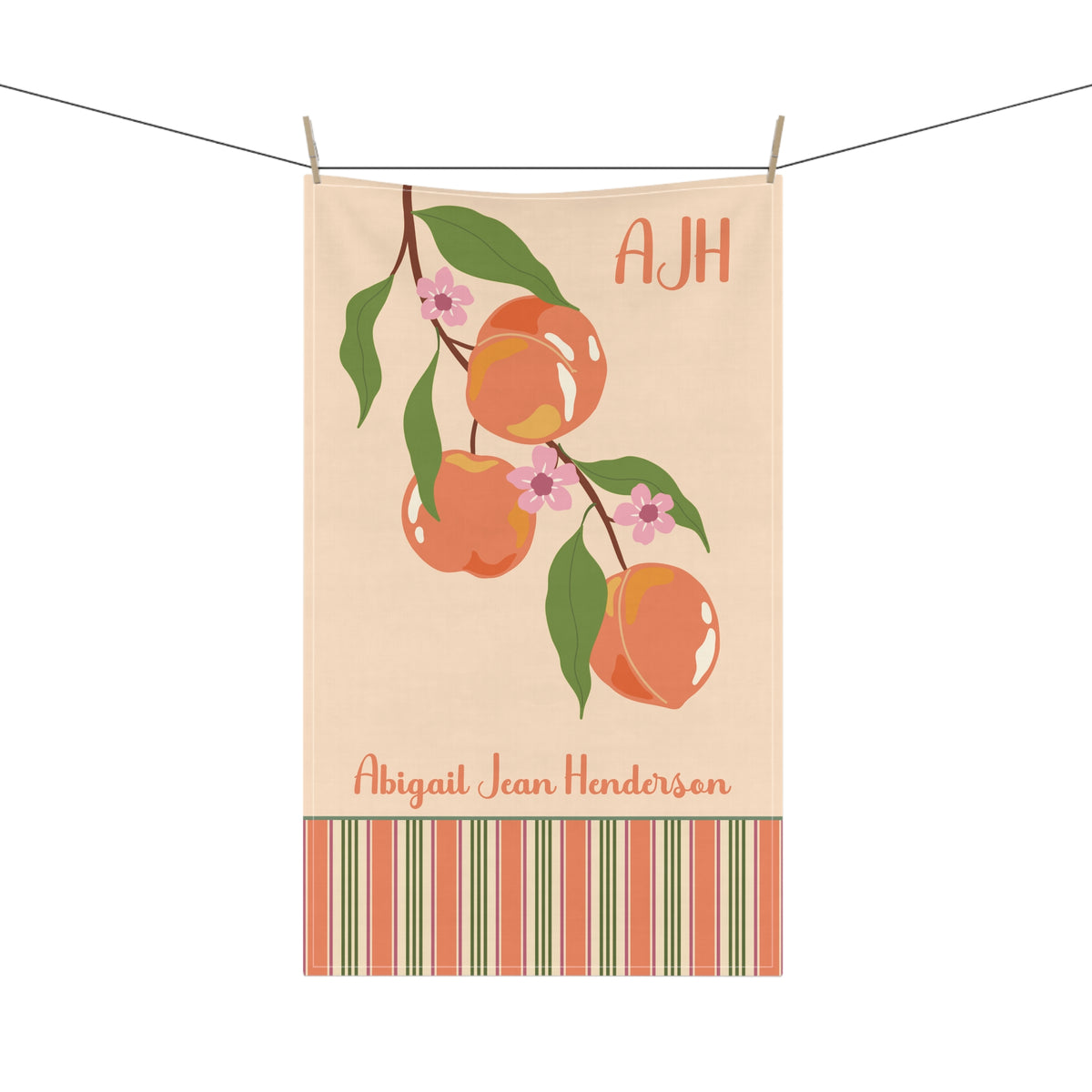 Personalized Peach Striped Tea Towel -Name and Monogram Kitchen Towel