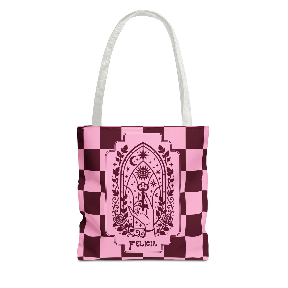 Personalizable Mystic Hand with Key Checkerboard Tote Bag – Pink and Burgundy Retro Goth Carryall