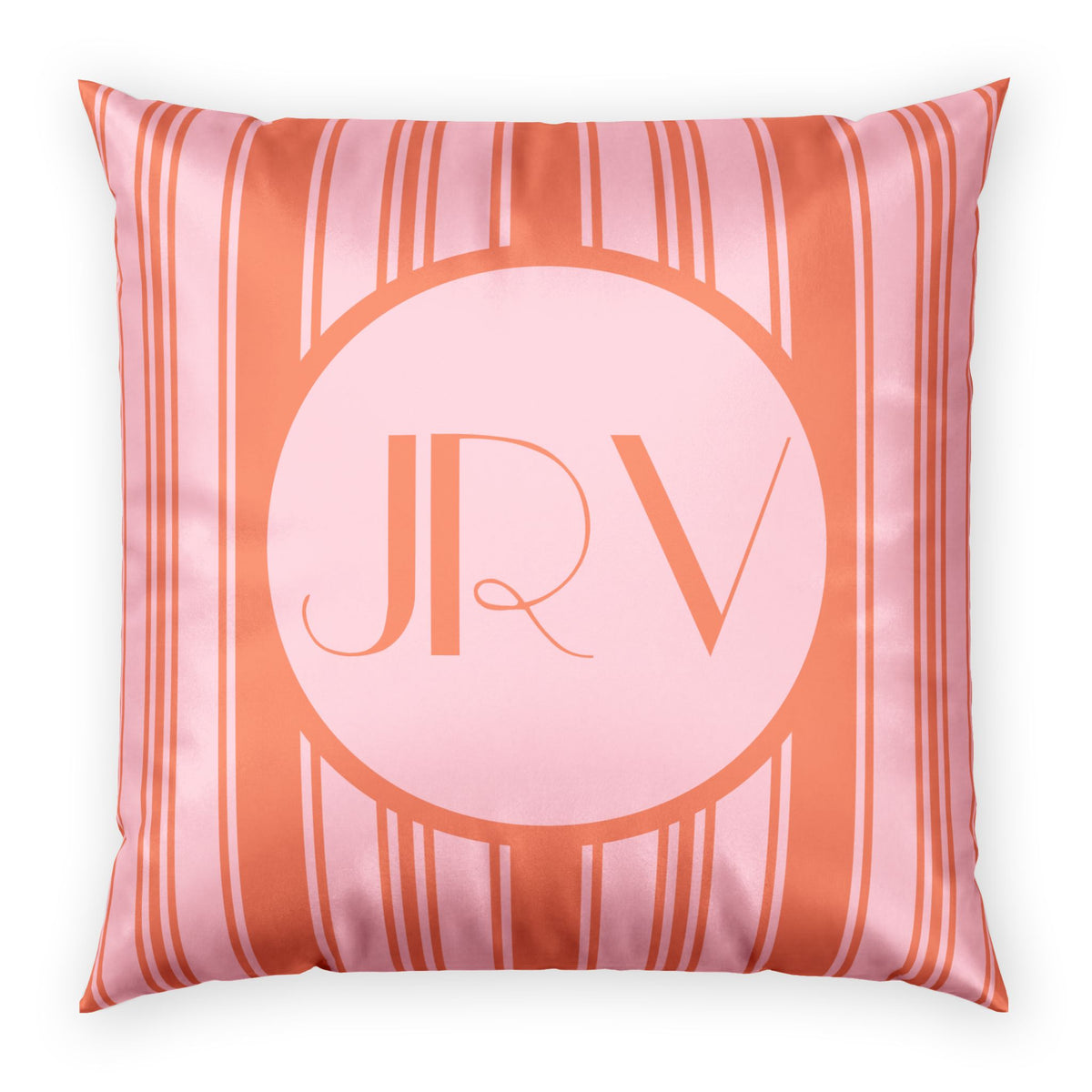 Personalizable Velvet Pillow - Pink and Orange Ticking Stripe Monogram Decorative Pillow