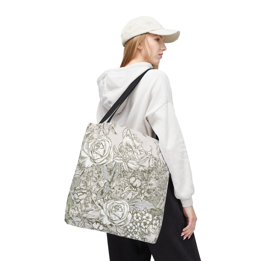 Rose Sketch Tote Bag — Grey Floral Carryall