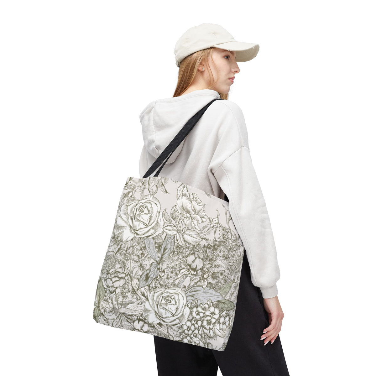 Rose Sketch Tote Bag — Grey Floral Carryall