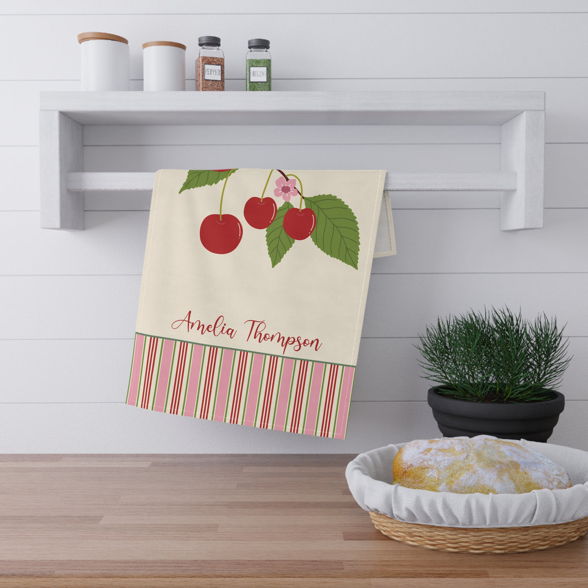 Cherry Branch Personalized Tea Towel — Custom Name Kitchen Linen