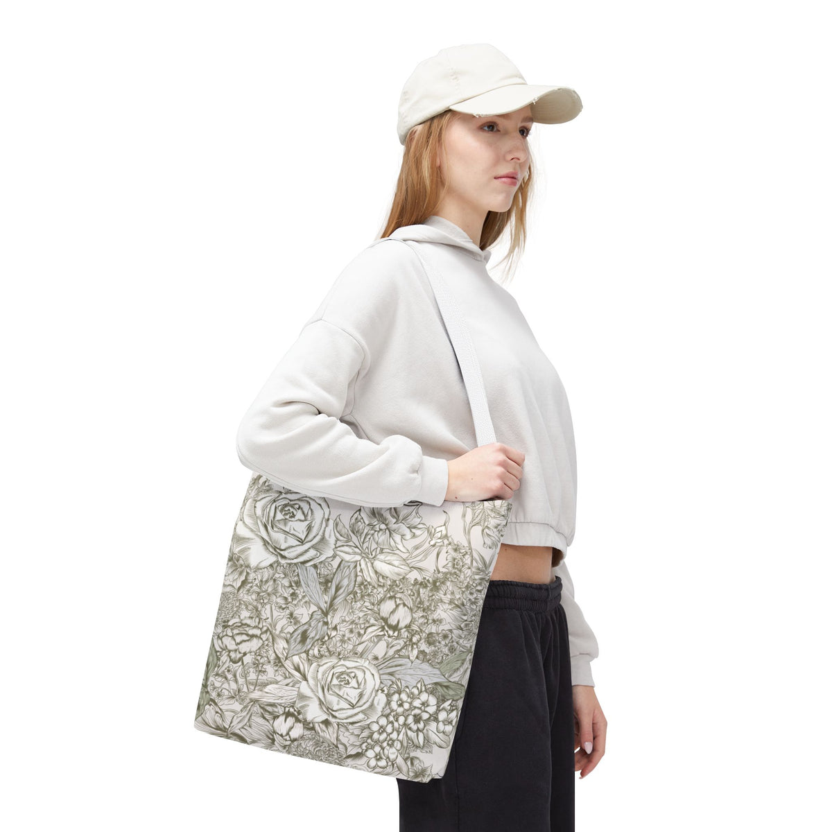 Rose Sketch Tote Bag — Grey Floral Carryall