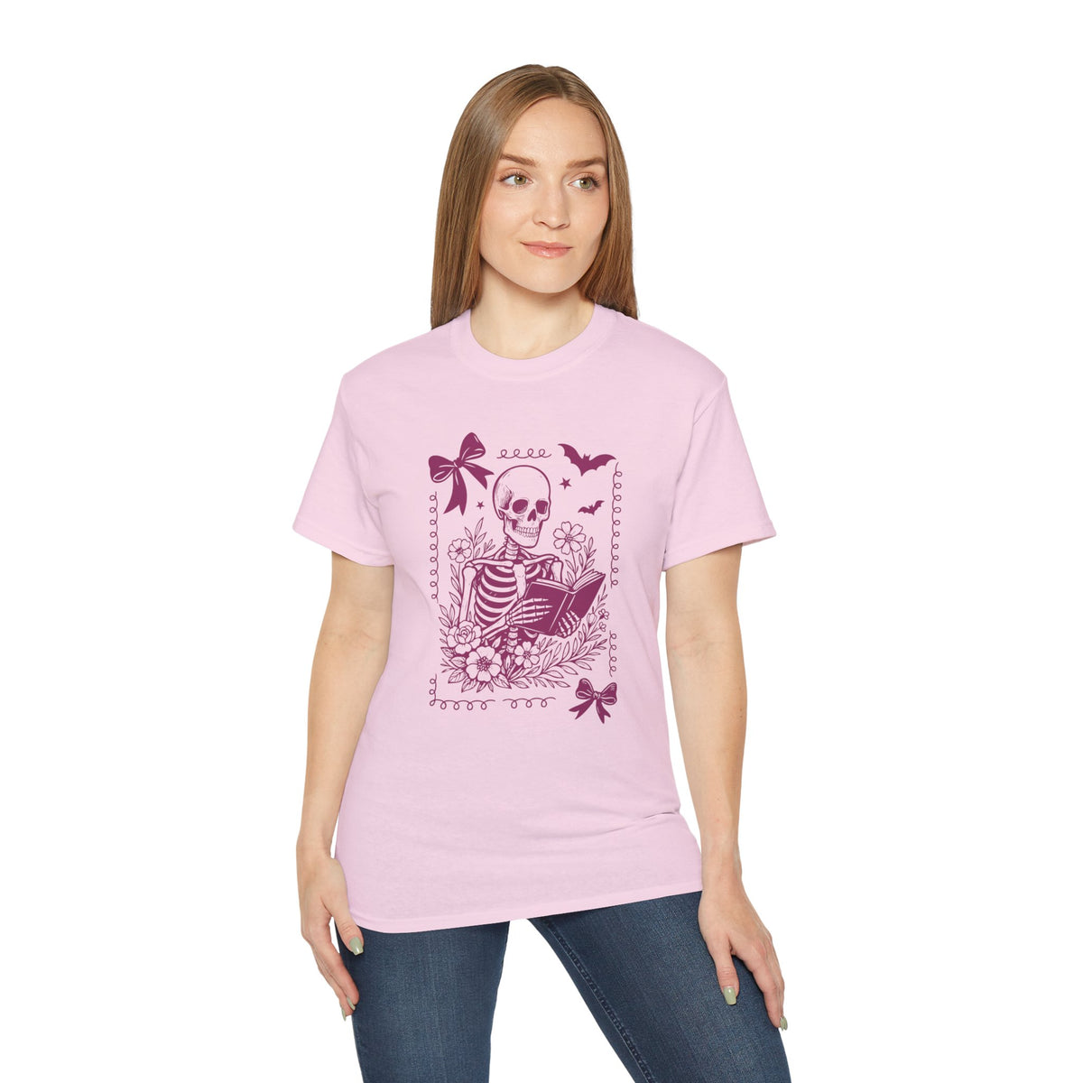 Skeleton Reading Coquette Frame Tee – Floral Skull Book Lover T-Shirt
