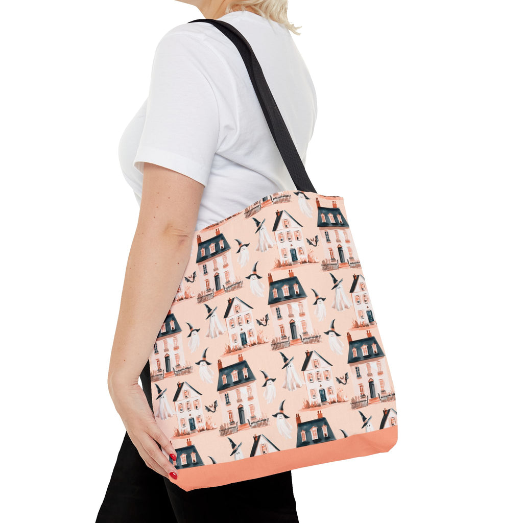 Spooky Cottage Pattern Tote -Haunted Village Ghosts and Houses Bag