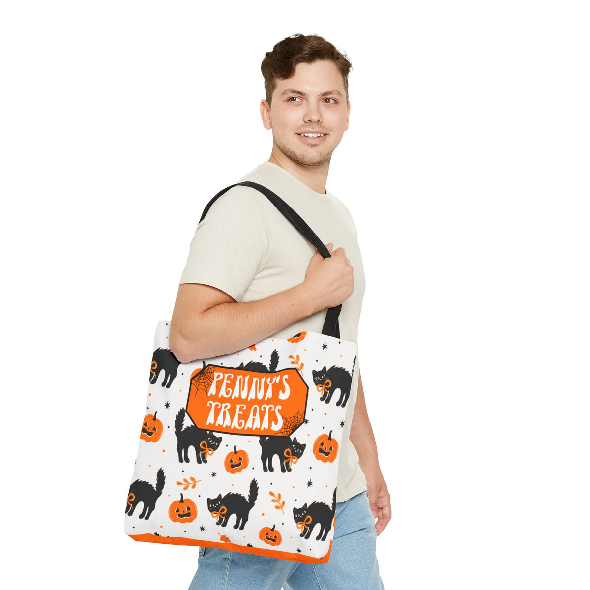 Cute Black Cats and Pumpkins Carryall -Personalized Halloween Trick or Treat Tote Bag