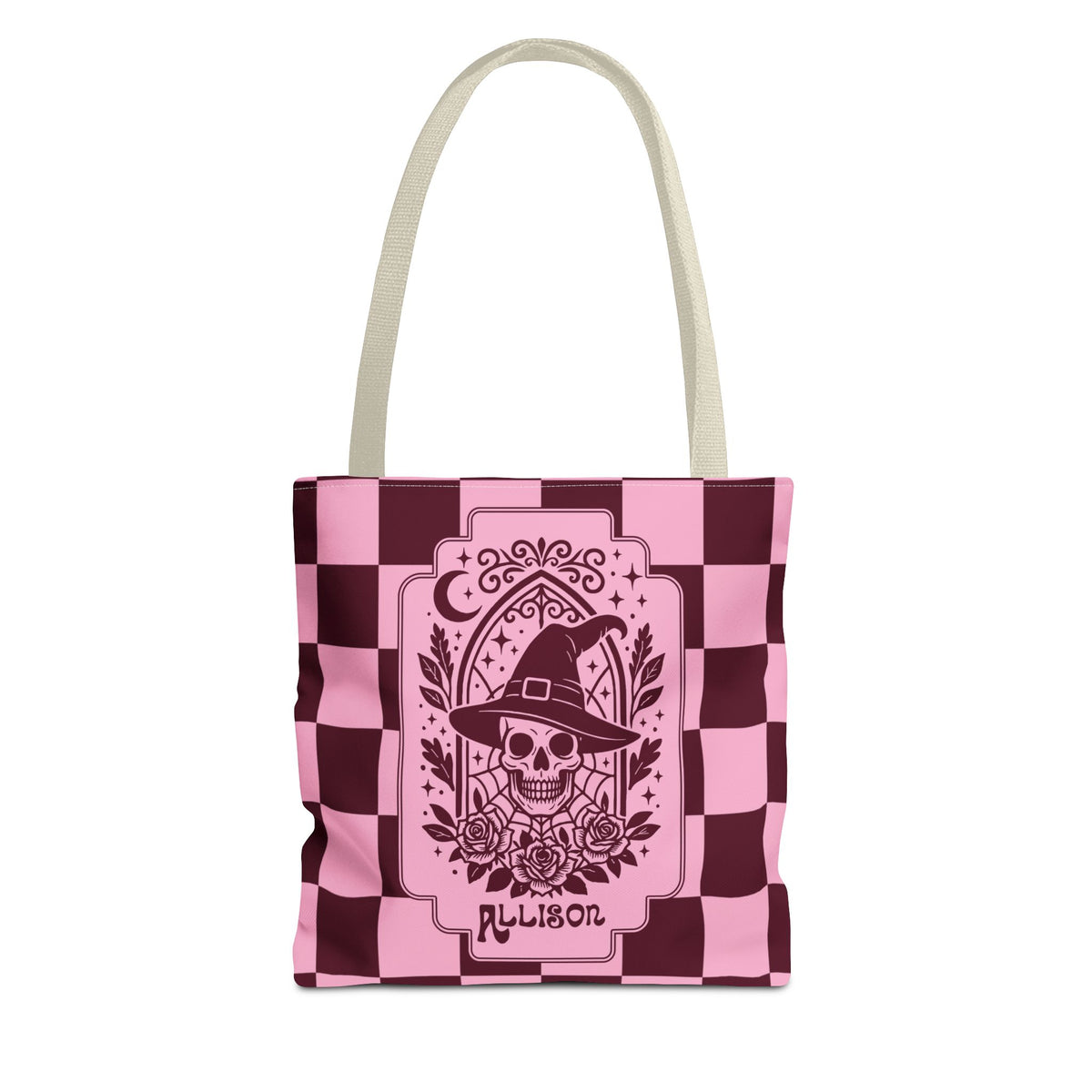 Pink Spooky Checkerboard Carryall - Gothic Witch Skull Personalizable Tote