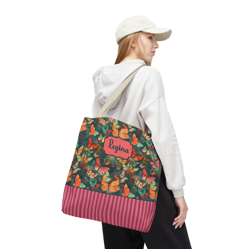 Personalizable Girly Handwriting Bag - Dreamy Butterfly Striped Tote