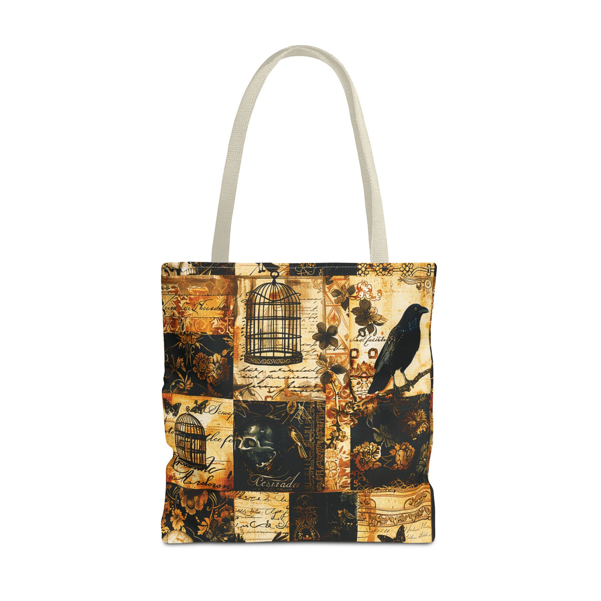 Gothic Raven Patchwork Tote Bag – Vintage Sepia and Black Collage Print